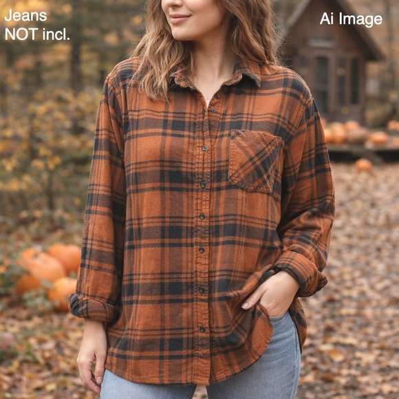 GAP Tops - GAP Plaid Flannel Women XL Shirt Orange Black Long Sleeve Cabincore Rustic Cozy